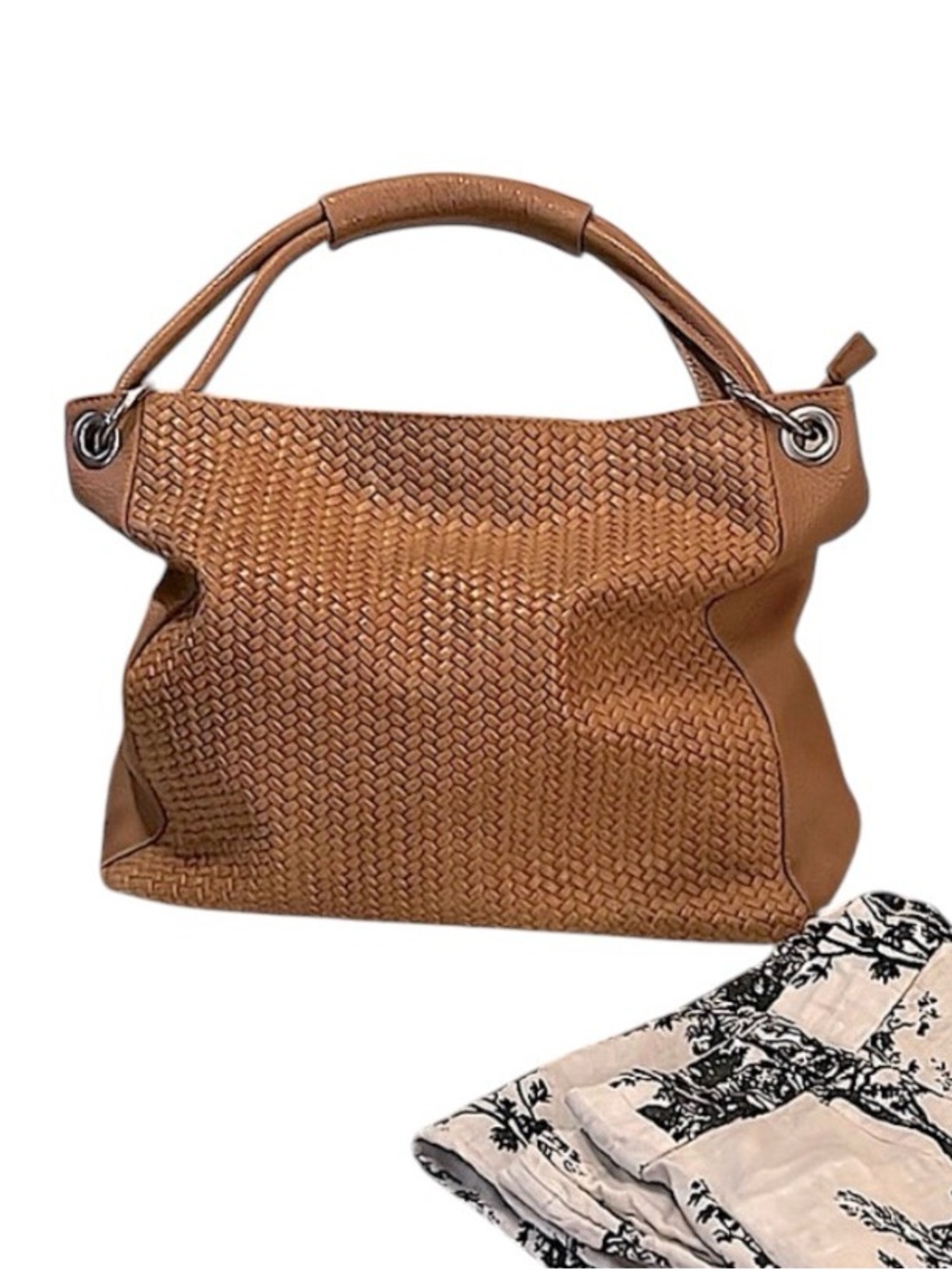 Luisa Vannini Tan Camel Embossed Woven & Pebbled Leather Slouchy Shoulder Bag